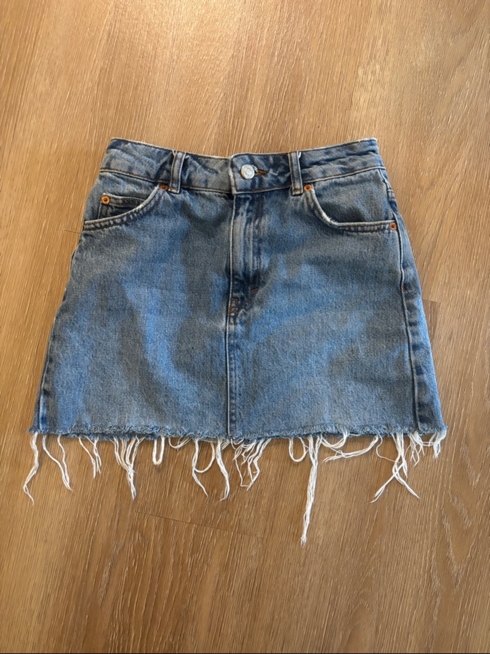 Topshop Light Blue Denim Mini Skirt with Frayed Hem
